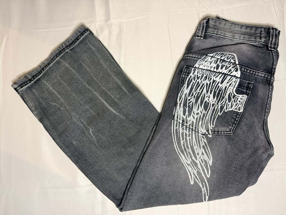 Disclosure Black Wash Wing Printed Low Rise Wide Leg Jeans Size 25